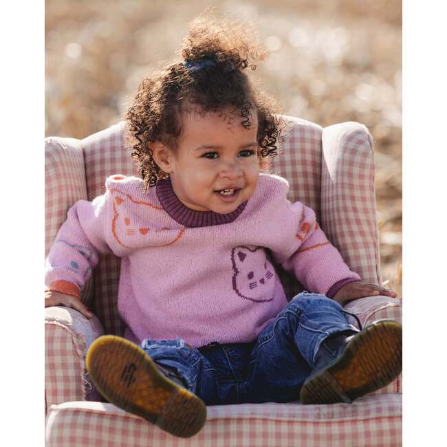 Knit Jacquard Sweater with Cats, Dusty Pink - Sweaters - 2