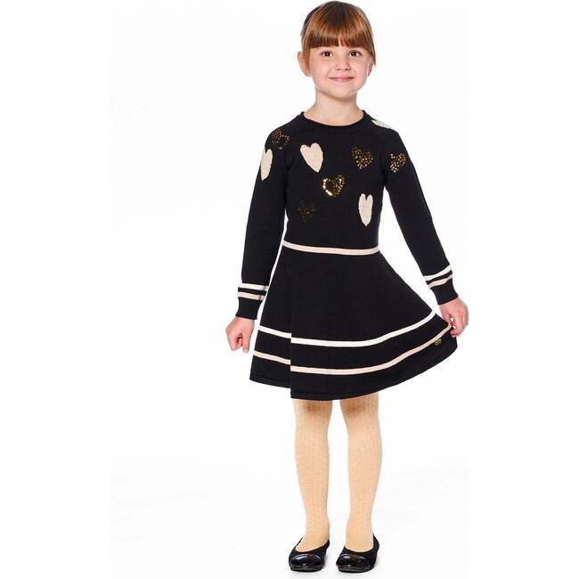 Knit Dress with Glittery Heart Motifs, Black - Dresses - 2