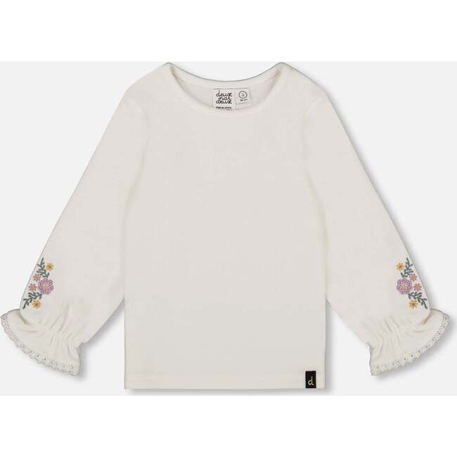 Jersey Top with Embroidered Floral Sleeves, Off-White