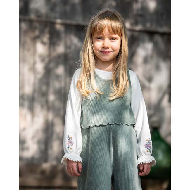 Jersey Top with Embroidered Floral Sleeves, Off-White - Shirts - 2