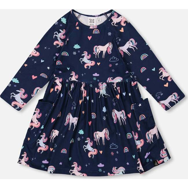 Jersey Dress with Pockets, Navy Unicorn Print