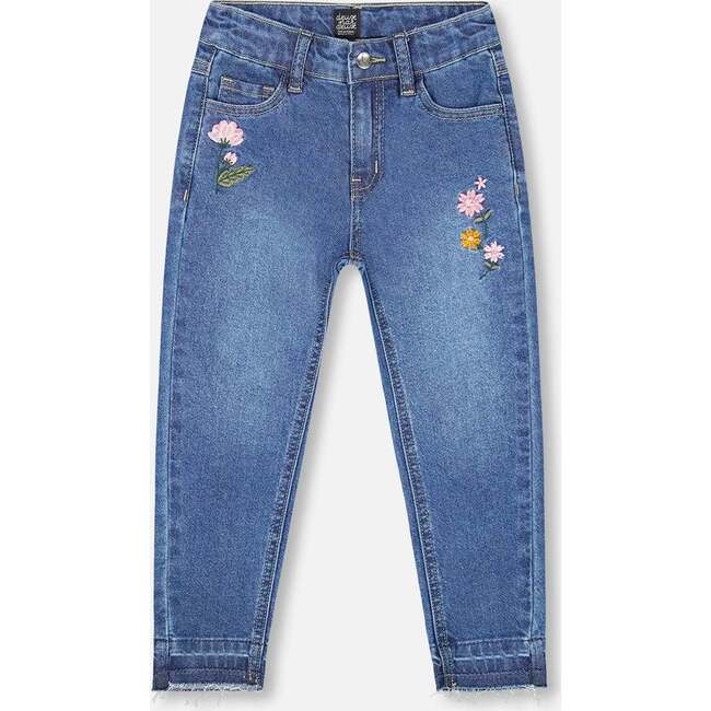Jeans with Frayed Hems and Floral Embroideries, Blue Denim