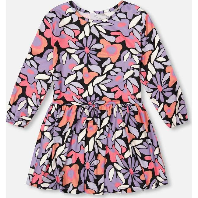 Jersey Dress, Black Retro Flower Print
