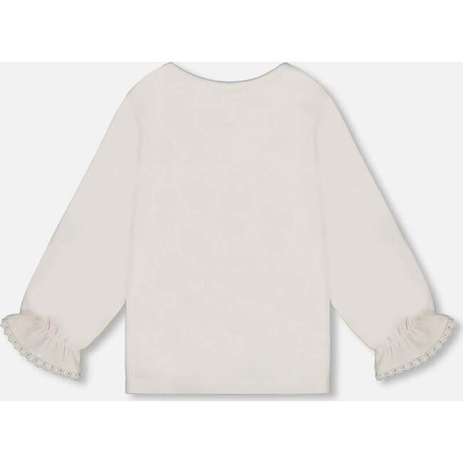 Jersey Top with Embroidered Floral Sleeves, Off-White - Shirts - 4