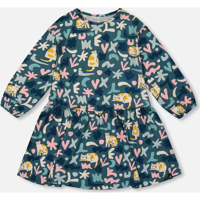 Jersey Dress, Green Cat Print