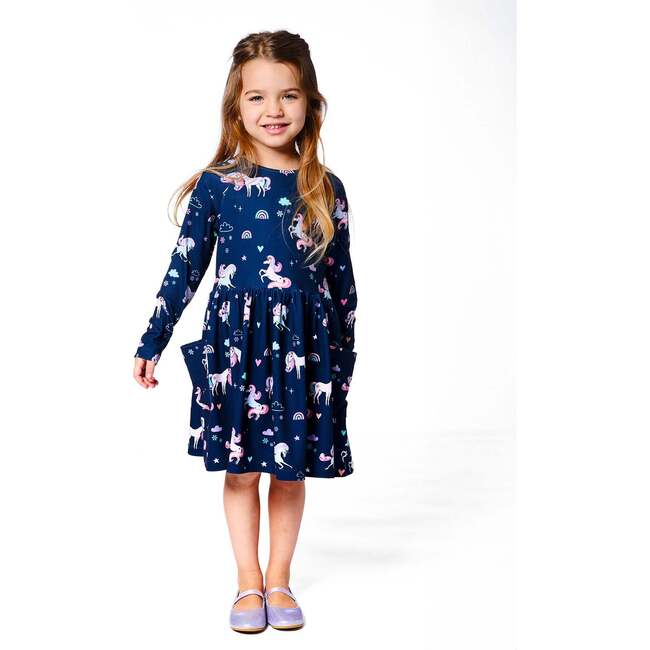 Jersey Dress with Pockets, Navy Unicorn Print - Dresses - 2