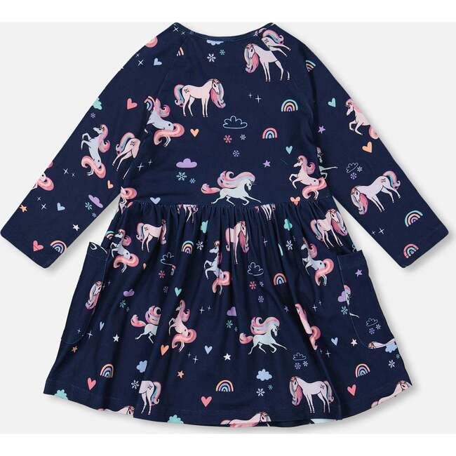 Jersey Dress with Pockets, Navy Unicorn Print - Dresses - 3