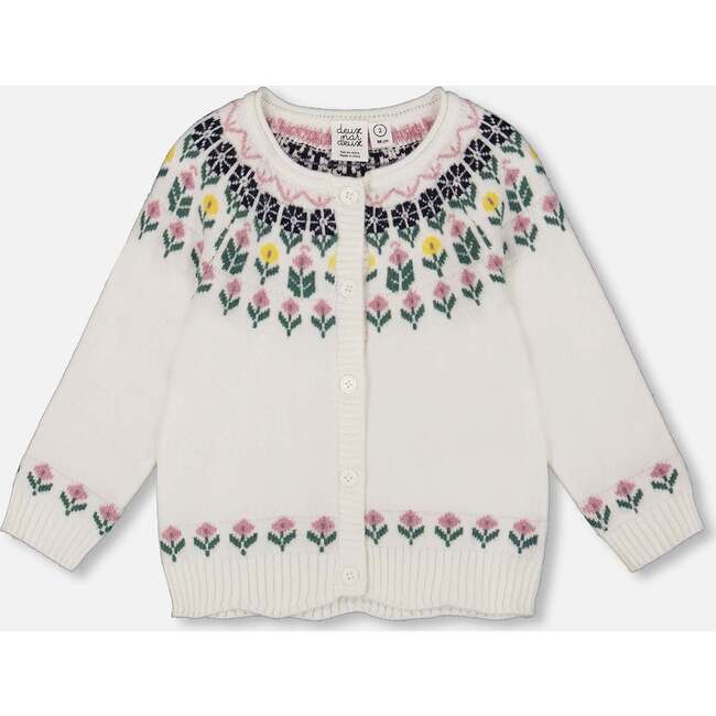 Jacquard Knit Cardigan with Floral Pattern, Off-White