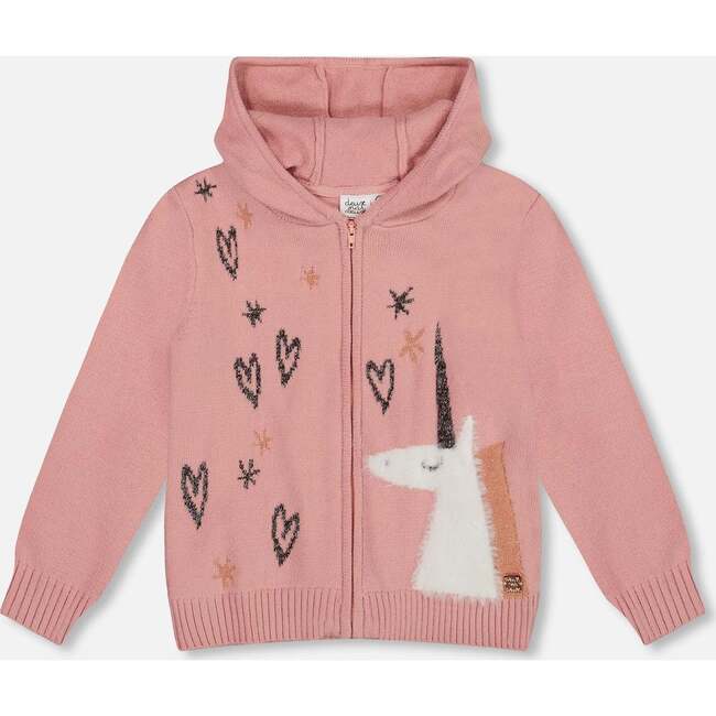 Hooded Knit Cardigan with Unicorn Intarsia, Dusty Pink