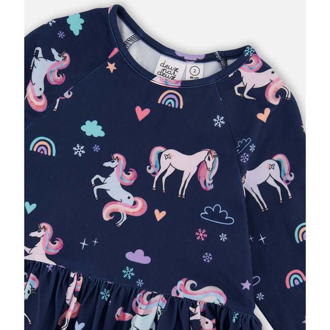 Jersey Dress with Pockets, Navy Unicorn Print - Dresses - 4