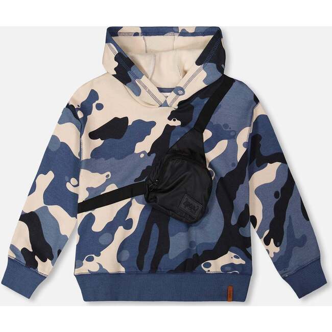 Hooded Fleece Sweatshirt with Crossbody Bag, Blue Camouflage