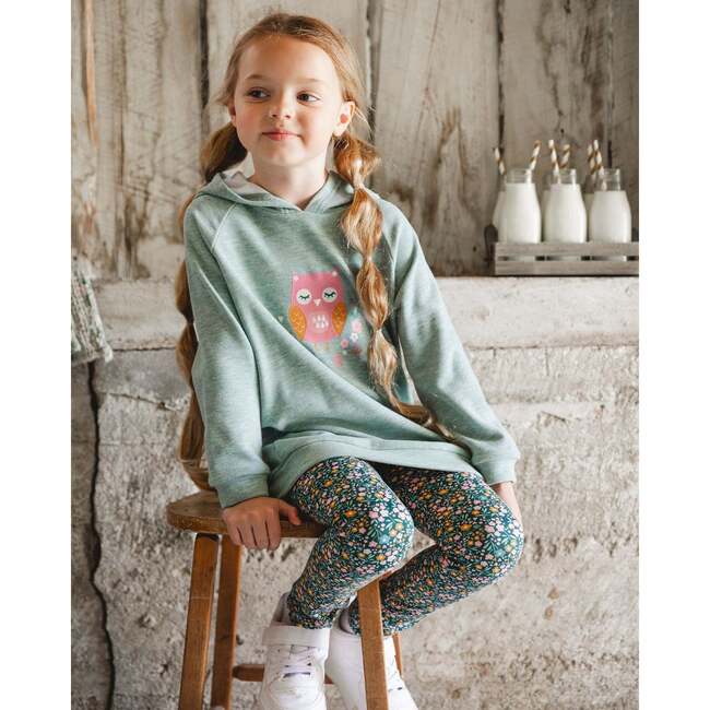 Hooded Tunic with Owl Print, Sage Green - Tank Tops - 2