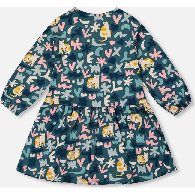 Jersey Dress, Green Cat Print - Dresses - 3