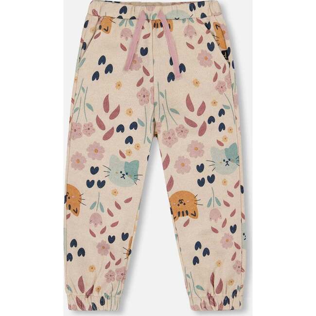 Glittering French Terry Sweatpant, Beige Cat Print