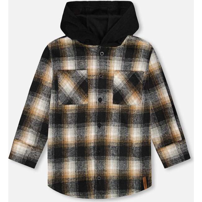Hooded Polar Fleece Overshirt with Hood, Black and Brown Plaid