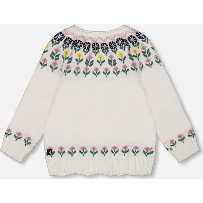Jacquard Knit Cardigan with Floral Pattern, Off-White - Cardigans - 3