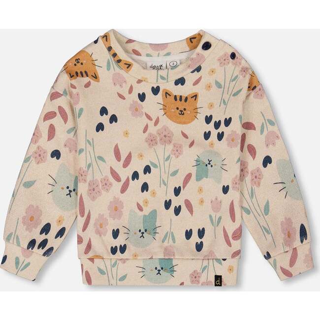 Glittering French Terry Sweatshirt, Beige Cat Print