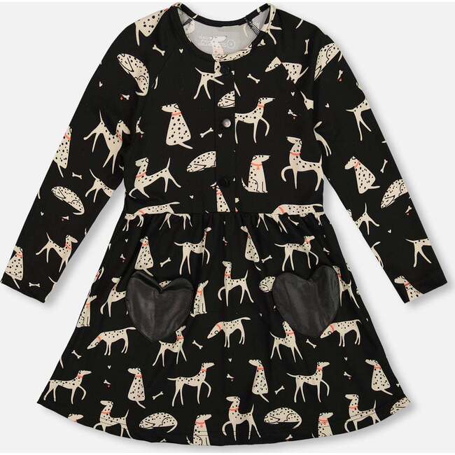 Half Button Jersey Dress, Black Dalmatian Print