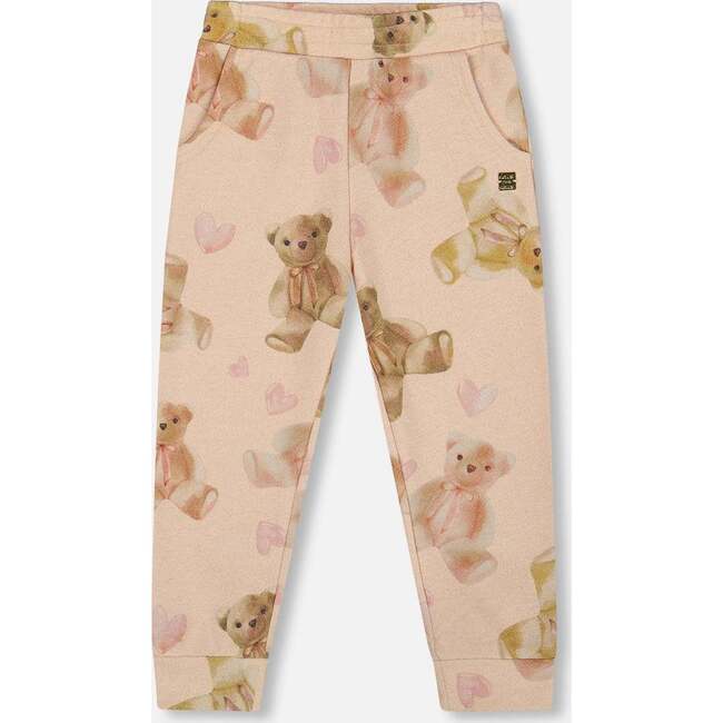 Glittering French Terry Sweatpants, Beige Teddy Bear Print