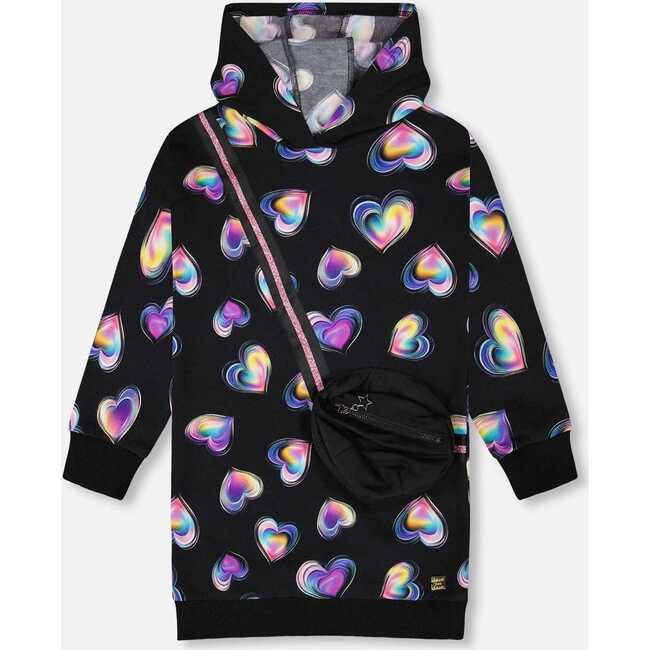 Hooded Fleece Dress with Trompe-L’Œil Bag Detail, Black and Multicolor