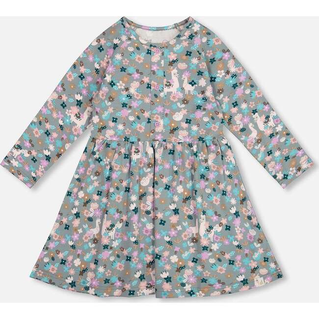 Half Button Organic Cotton Dress, Blue Llama Print