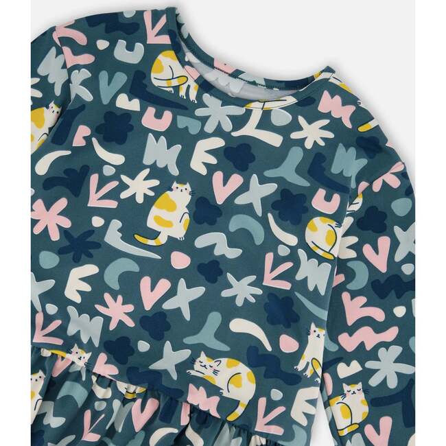 Jersey Dress, Green Cat Print - Dresses - 4