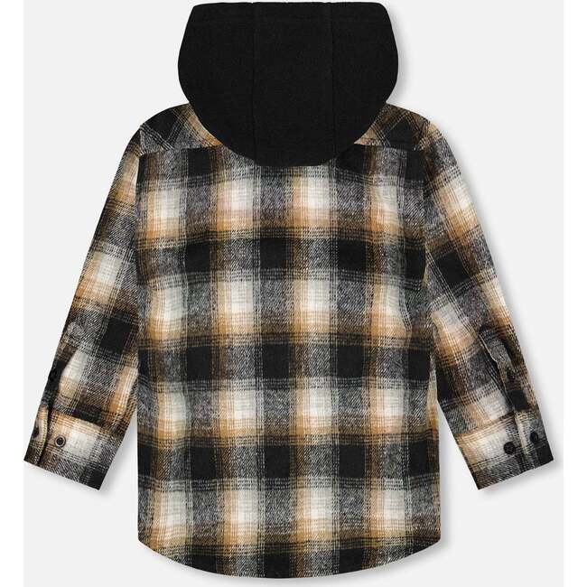 Hooded Polar Fleece Overshirt with Hood, Black and Brown Plaid - Sweatshirts - 3