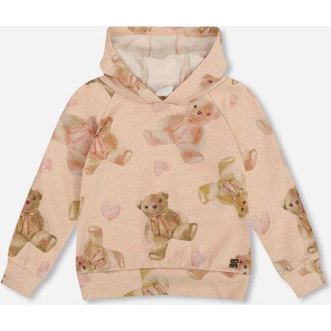 Glittering French Terry Hoodie, Beige Teddy Bear Print