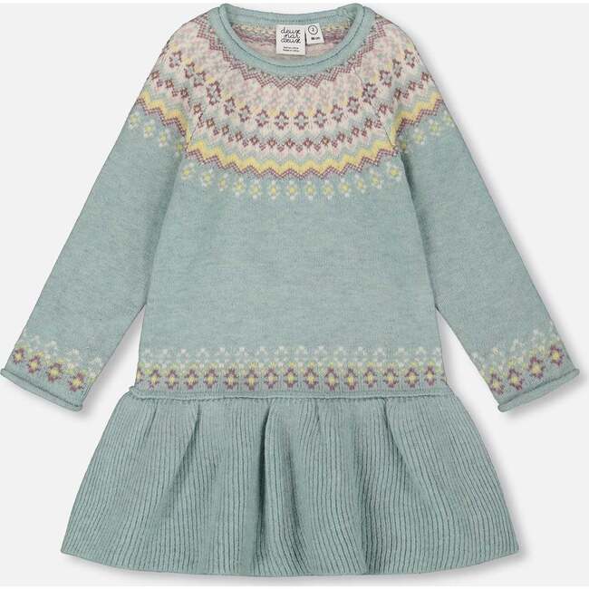 Jacquard Sweater Dress with Ribbed Skirt, Jade Green