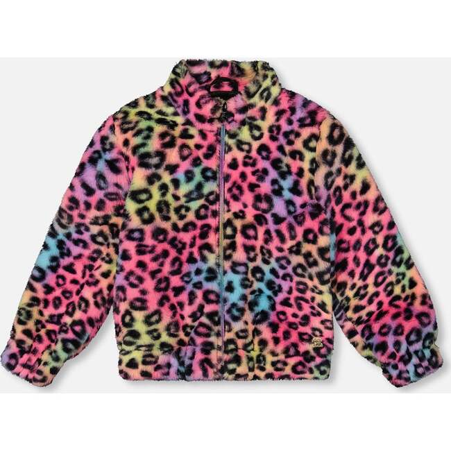 Faux Fur Zipped Jacket Multicolor Leopard, Black and Multicolor