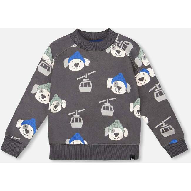 Fleece Pullover Sweatshirt, Gray Dog Print