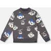 Fleece Pullover Sweatshirt, Gray Dog Print - Sweatshirts - 1 - thumbnail