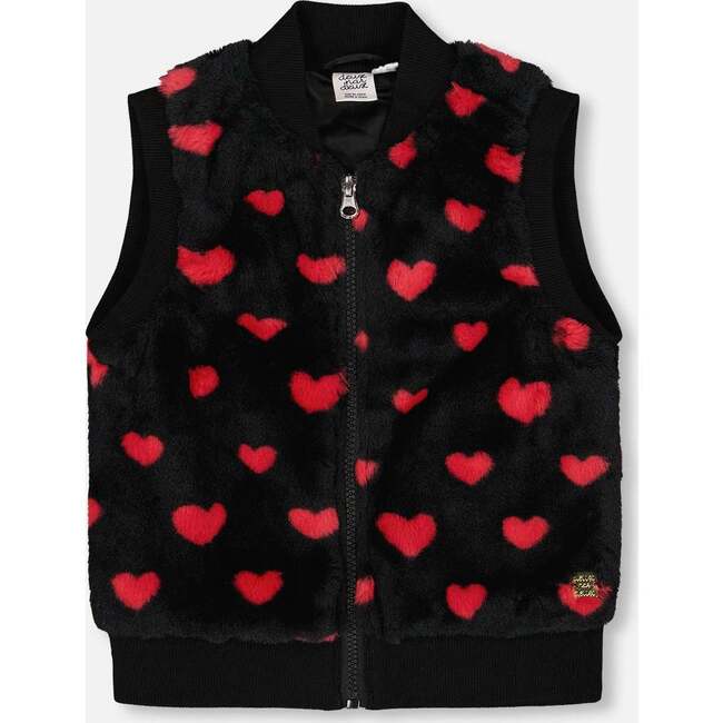 Faux Fur Sleeveless Vest with Hearts, Black and Red