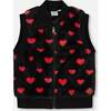 Faux Fur Sleeveless Vest with Hearts, Black and Red - Vests - 1 - thumbnail