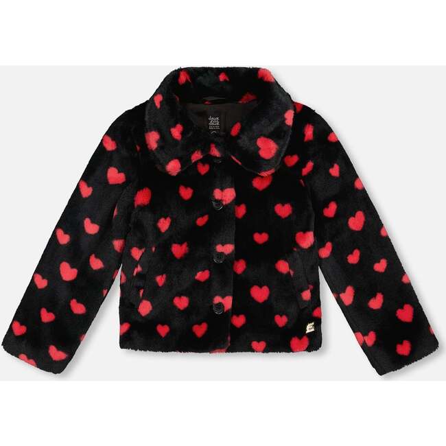 Faux Fur Short Coat with Hearts, Black and Red
