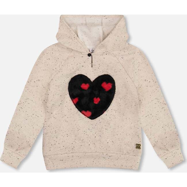 Glittering Beige French Terry Hoodie with Heart Applique, Beige and Black
