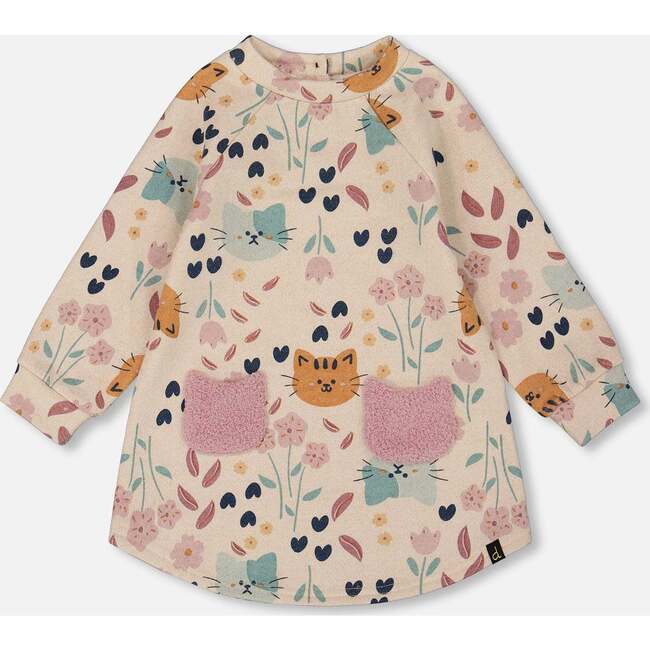 Glittering French Terry Dress Beige Printed Cat, Beige Cat Print