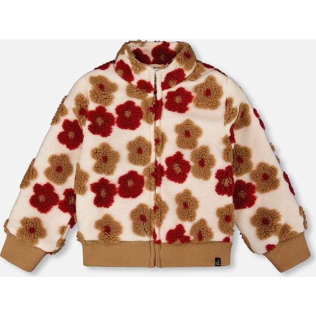 Full Zip Sherpa Jacket with Jacquard Floral Pattern, Beige and Red