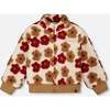 Full Zip Sherpa Jacket with Jacquard Floral Pattern, Beige and Red - Jackets - 1 - thumbnail