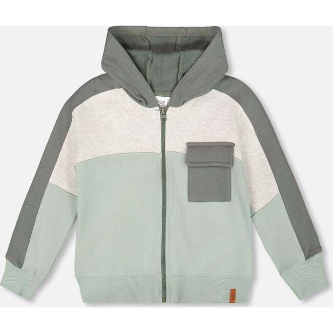 Full Zip Fleece Color Block Sweatshirt, Green Gray