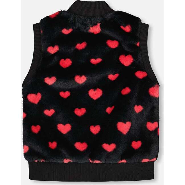 Faux Fur Sleeveless Vest with Hearts, Black and Red - Vests - 3