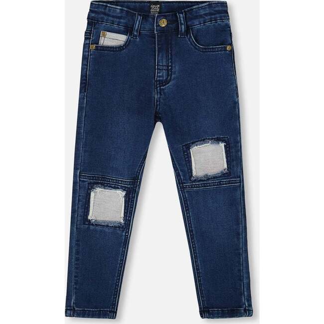 French Terry Pants with Contrasting Patch, Blue Denim - Jeans - 1