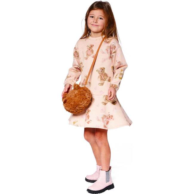 Glittering French Terry Dress, Beige Teddy Bear Print - Dresses - 2