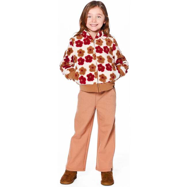 Full Zip Sherpa Jacket with Jacquard Floral Pattern, Beige and Red - Jackets - 2