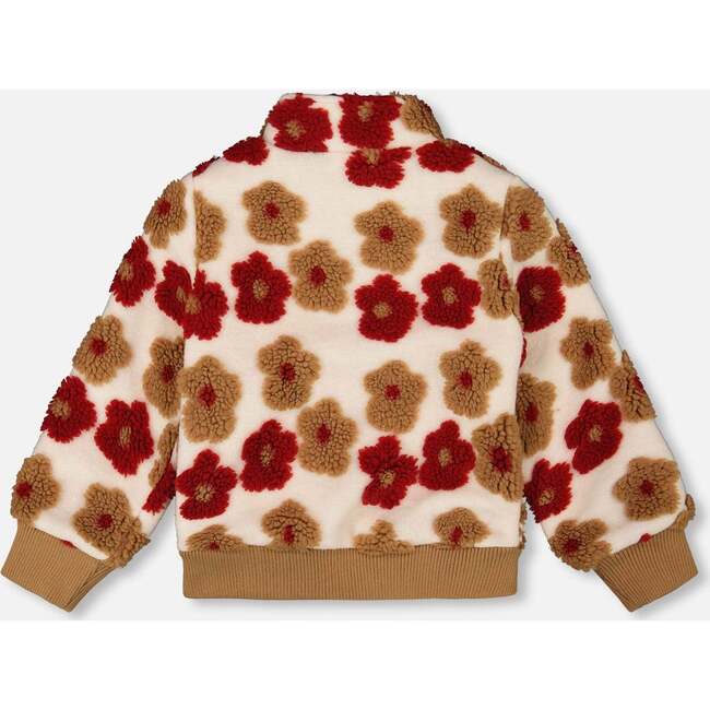 Full Zip Sherpa Jacket with Jacquard Floral Pattern, Beige and Red - Jackets - 3
