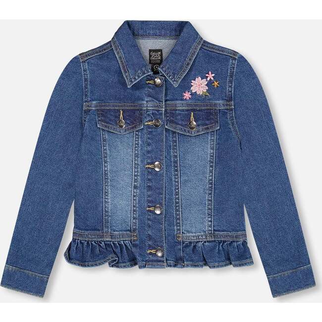 Denim Jacket Blue with Ruffle Hem and Floral Embroidery, Blue Denim