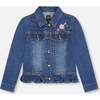 Denim Jacket Blue with Ruffle Hem and Floral Embroidery, Blue Denim - Jackets - 1 - thumbnail
