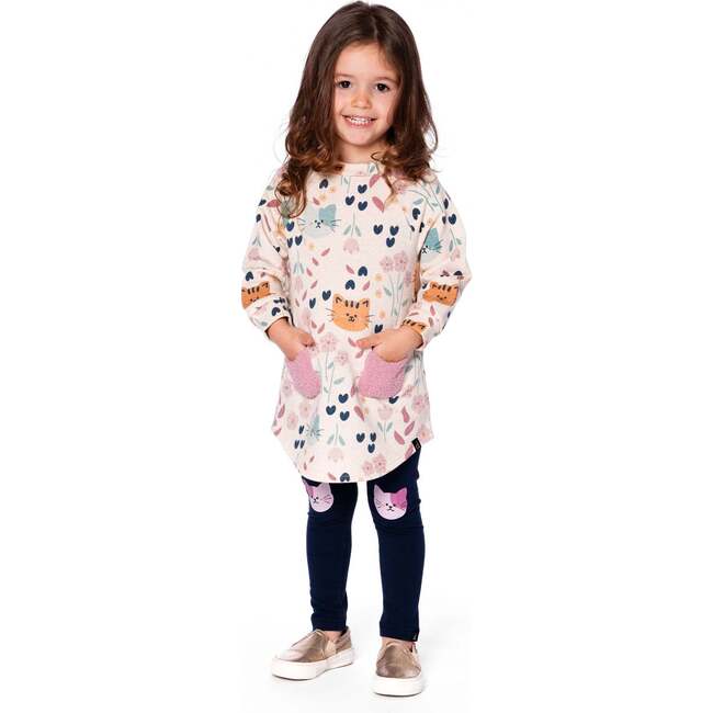 Glittering French Terry Dress Beige Printed Cat, Beige Cat Print - Dresses - 4