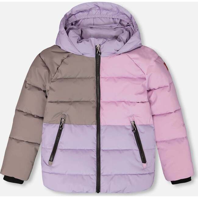 Colorblocked Puffy Winter Coat, Purple Gray