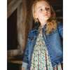 Denim Jacket Blue with Ruffle Hem and Floral Embroidery, Blue Denim - Jackets - 2